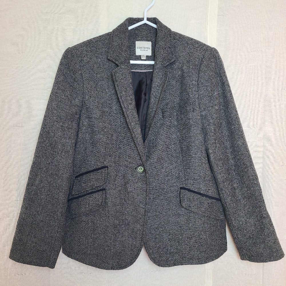 Cortefiel Women's US 8 Blazer Jacket Grey Black Wool Chevron Chic Business